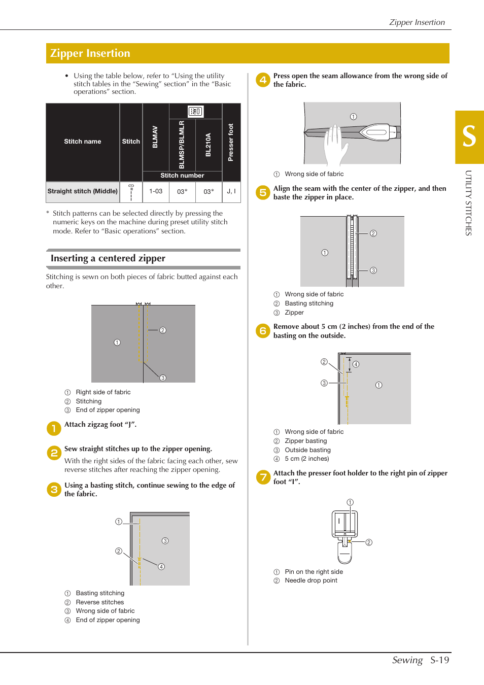 Zipper insertion, Sewing s-19, Inserting a centered zipper | Baby Lock Aventura (BLMAV) Instruction and Reference Guide User Manual | Page 95 / 204