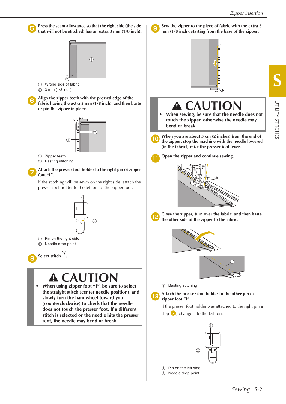 Caution, Sewing s-21 | Baby Lock Aventura (BLMAV) Instruction and Reference Guide User Manual | Page 97 / 204