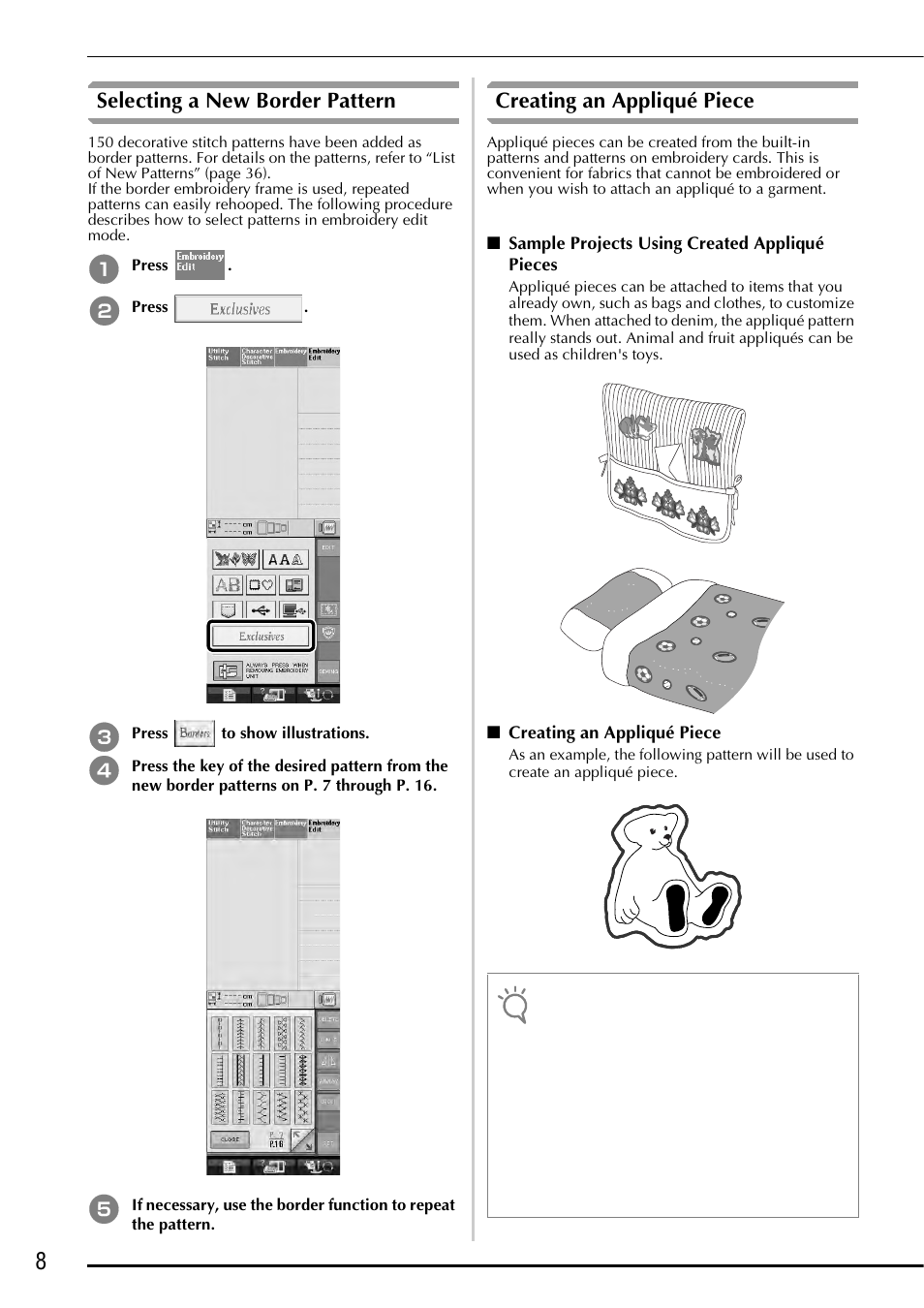 Selecting a new border pattern, Creating an appliqué piece | Baby Lock Ellegante 3 (BLG3) Instruction and Reference Guide Addendum User Manual | Page 10 / 120