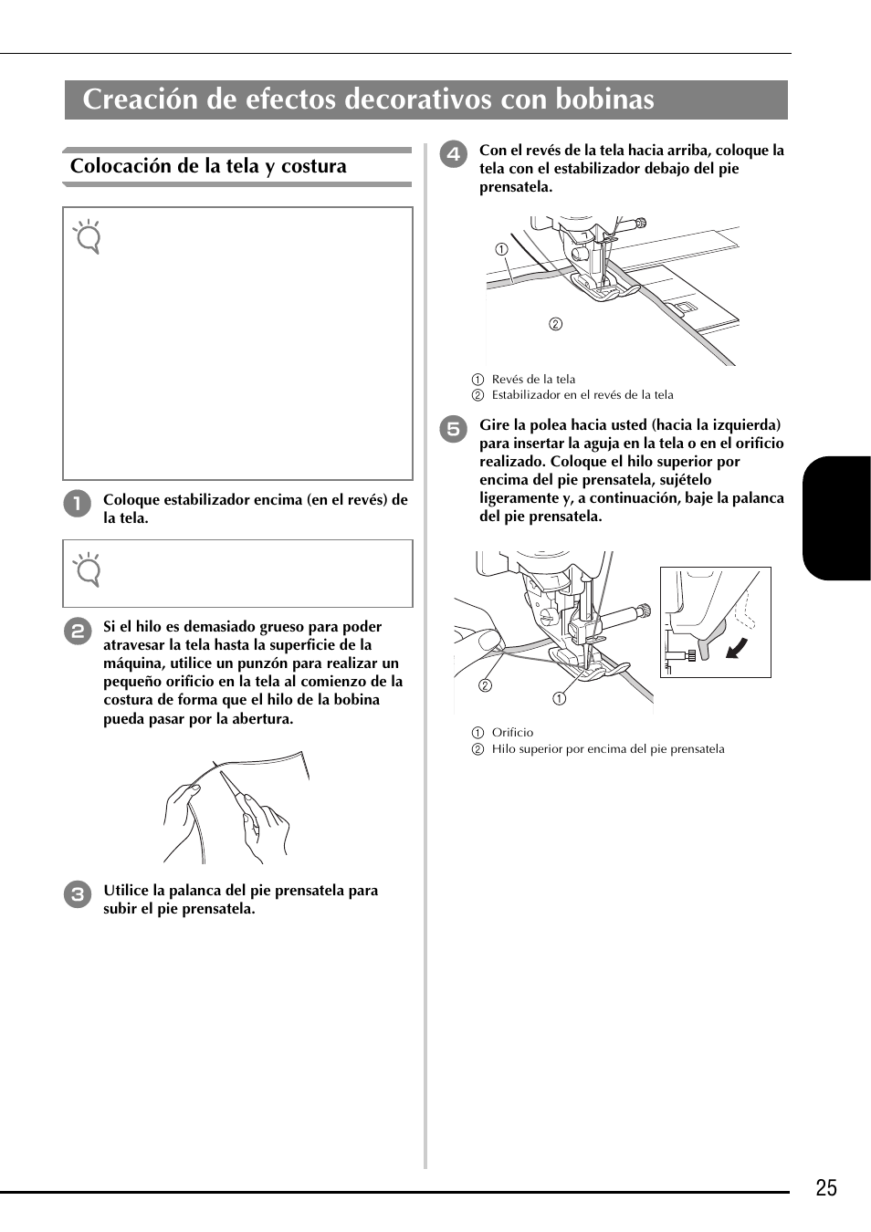 Creación de efectos decorativos con bobinas, 25 e spa ñol, Colocación de la tela y costura | Baby Lock Ellegante 3 (BLG3) Instruction and Reference Guide Addendum User Manual | Page 103 / 120