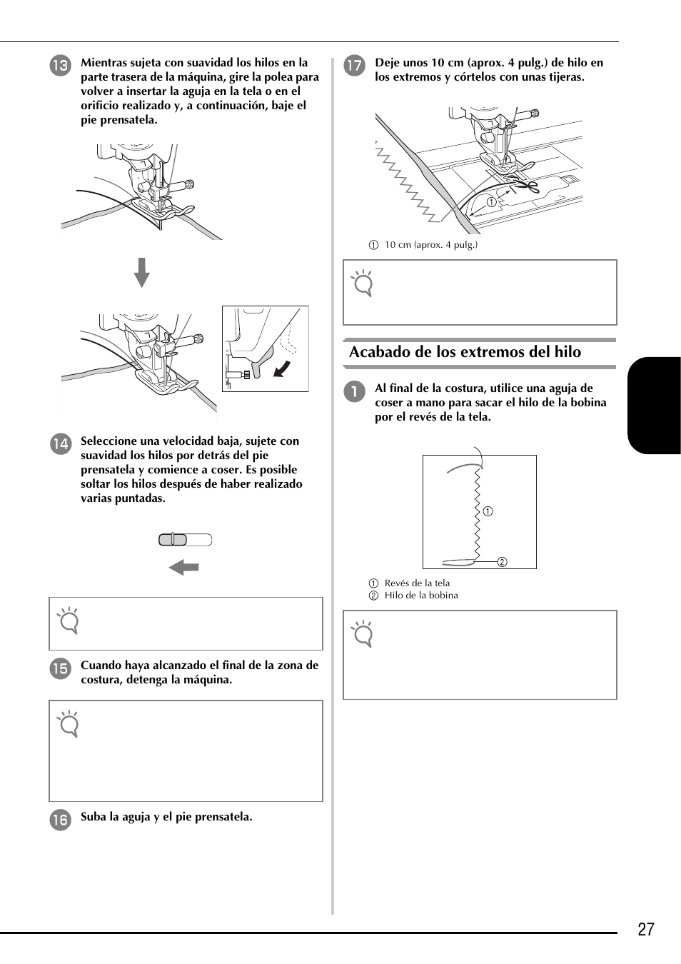 27 e spa ñol, Acabado de los extremos del hilo | Baby Lock Ellegante 3 (BLG3) Instruction and Reference Guide Addendum User Manual | Page 105 / 120