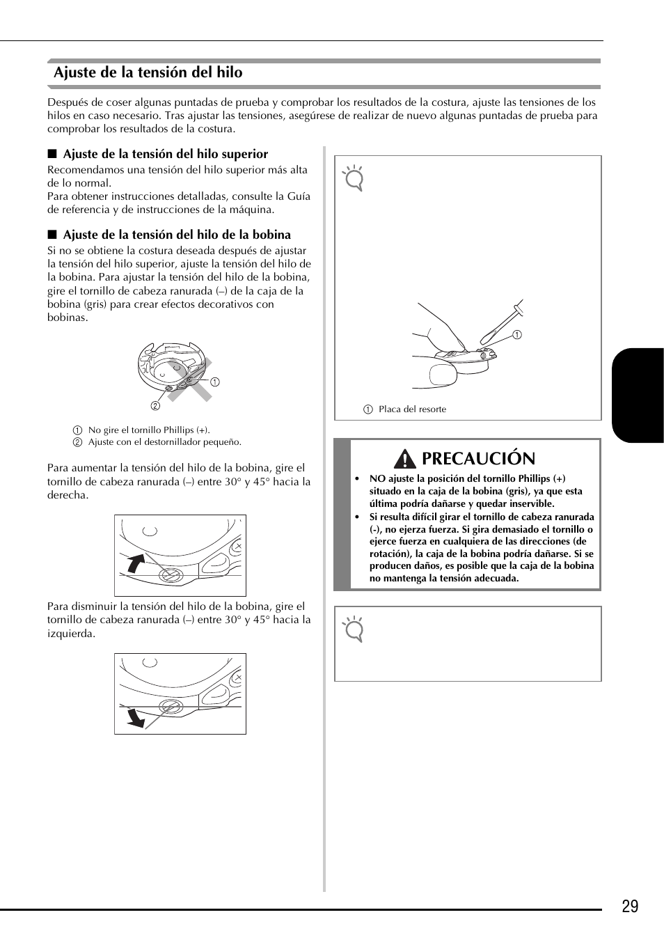 Precaución, 29 e spa ñol, Ajuste de la tensión del hilo | Baby Lock Ellegante 3 (BLG3) Instruction and Reference Guide Addendum User Manual | Page 107 / 120