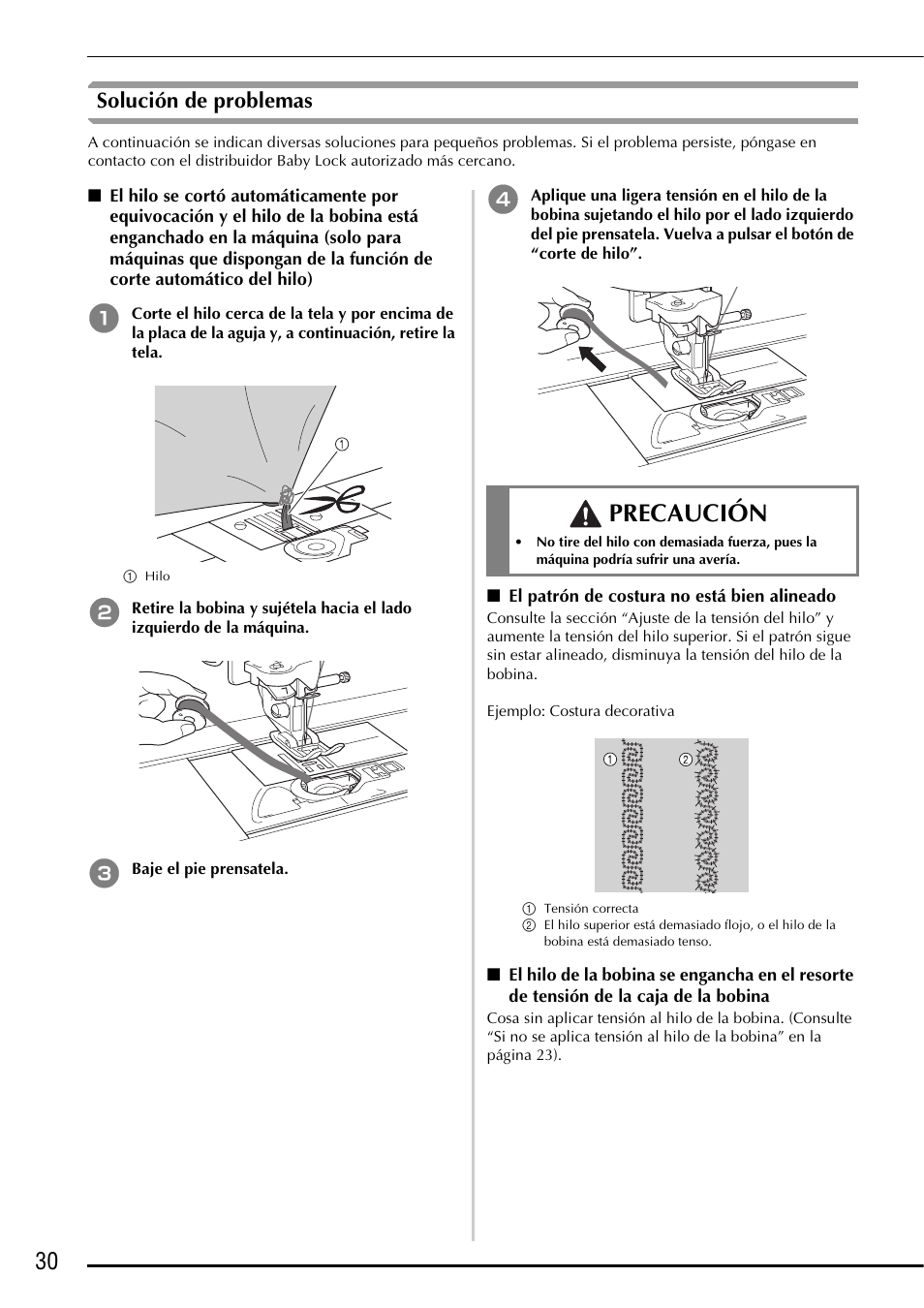 Precaución, Solución de problemas | Baby Lock Ellegante 3 (BLG3) Instruction and Reference Guide Addendum User Manual | Page 108 / 120