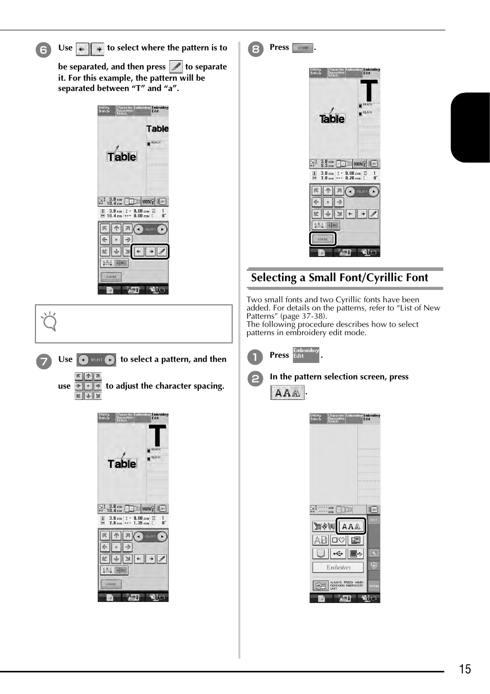 15 e nglis h, Selecting a small font/cyrillic font | Baby Lock Ellegante 3 (BLG3) Instruction and Reference Guide Addendum User Manual | Page 17 / 120