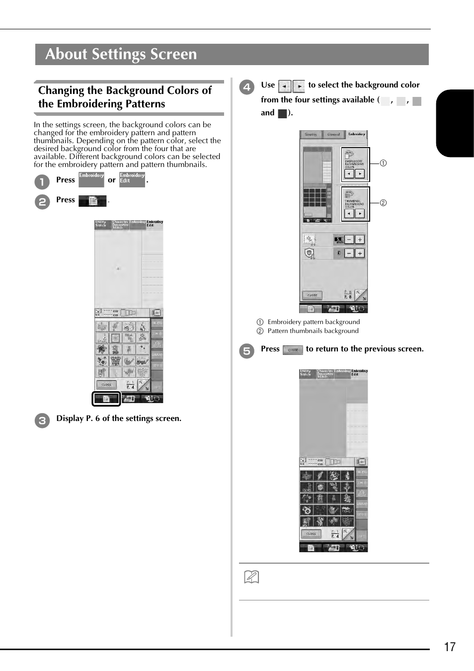 About settings screen, 17 e nglis h | Baby Lock Ellegante 3 (BLG3) Instruction and Reference Guide Addendum User Manual | Page 19 / 120