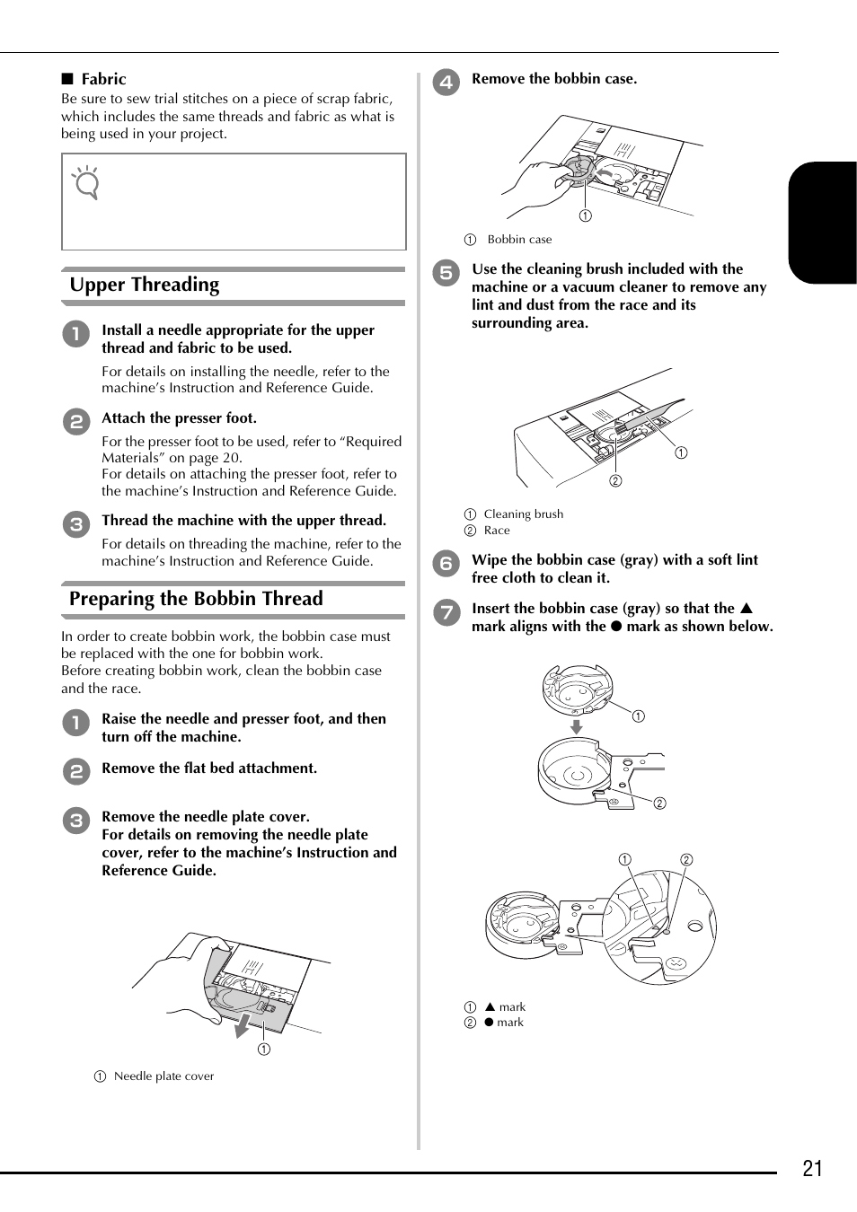 21 e nglis h, Upper threading, Preparing the bobbin thread | Baby Lock Ellegante 3 (BLG3) Instruction and Reference Guide Addendum User Manual | Page 23 / 120