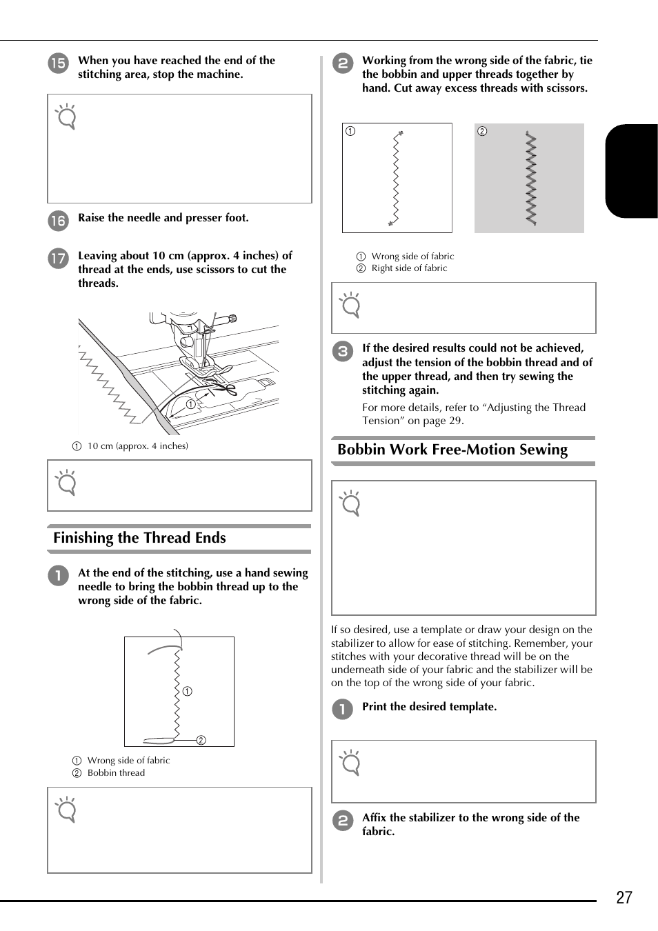 27 e nglis h, Finishing the thread ends, Bobbin work free-motion sewing | Baby Lock Ellegante 3 (BLG3) Instruction and Reference Guide Addendum User Manual | Page 29 / 120