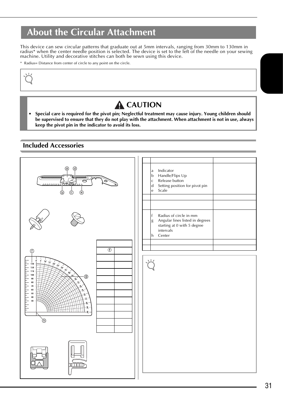 About the circular attachment, Caution, 31 e nglis h | Included accessories | Baby Lock Ellegante 3 (BLG3) Instruction and Reference Guide Addendum User Manual | Page 33 / 120