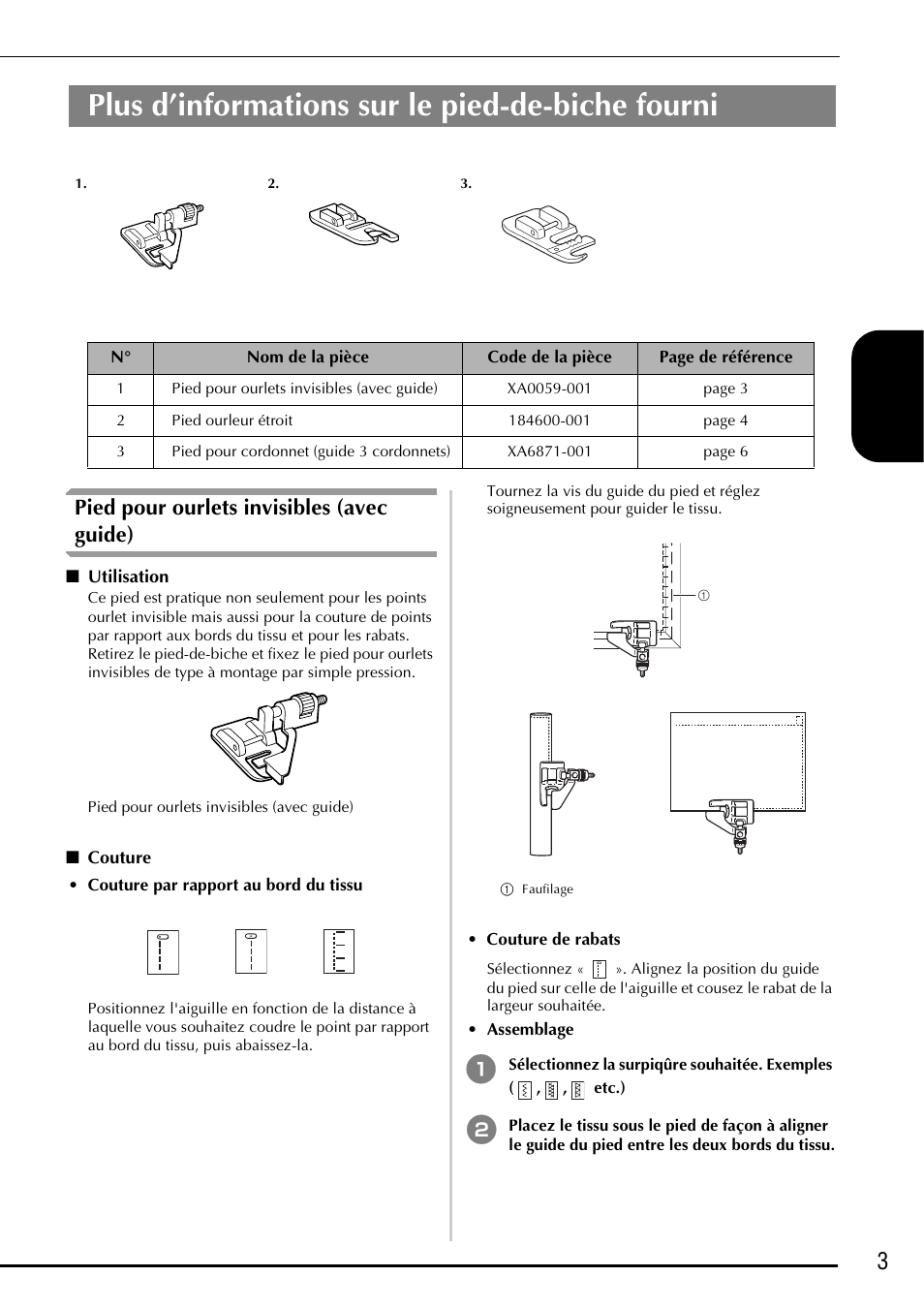 Plus d’informations sur le pied-de-biche fourni, 3fra nçais, Pied pour ourlets invisibles (avec guide) | Baby Lock Ellegante 3 (BLG3) Instruction and Reference Guide Addendum User Manual | Page 43 / 120