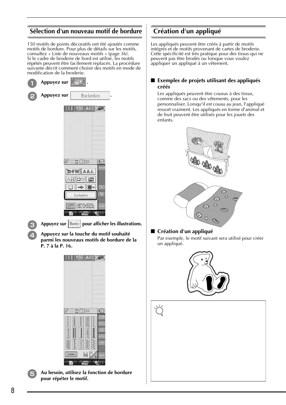 Sélection d'un nouveau motif de bordure, Création d'un appliqué | Baby Lock Ellegante 3 (BLG3) Instruction and Reference Guide Addendum User Manual | Page 48 / 120