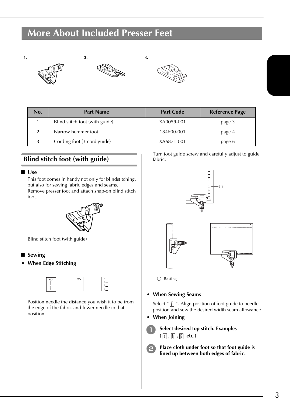 More about included presser feet, 3e nglis h, Blind stitch foot (with guide) | Baby Lock Ellegante 3 (BLG3) Instruction and Reference Guide Addendum User Manual | Page 5 / 120
