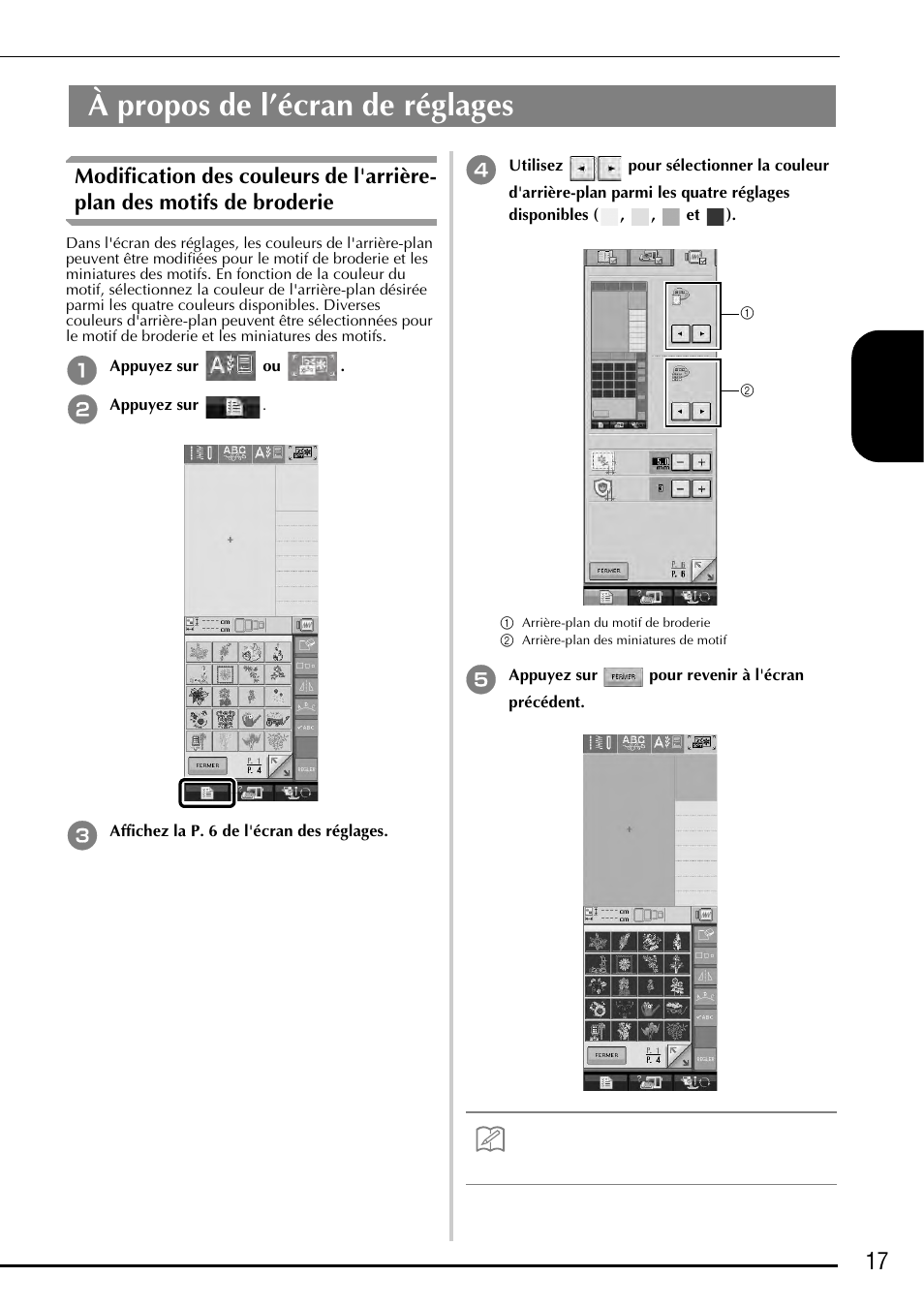 À propos de l’écran de réglages, 17 fra nçais | Baby Lock Ellegante 3 (BLG3) Instruction and Reference Guide Addendum User Manual | Page 57 / 120