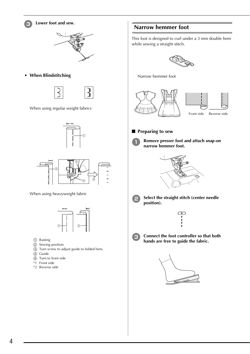 Narrow hemmer foot, Preparing to sew, When blindstitching | Lower foot and sew | Baby Lock Ellegante 3 (BLG3) Instruction and Reference Guide Addendum User Manual | Page 6 / 120