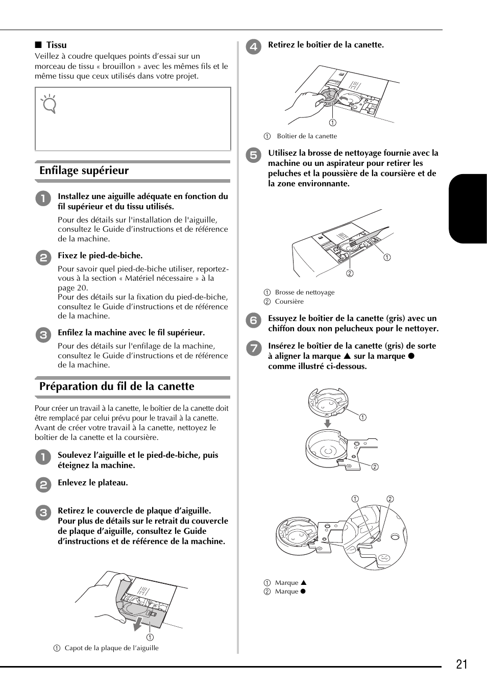 21 fra nçais, Enfilage supérieur, Préparation du fil de la canette | Baby Lock Ellegante 3 (BLG3) Instruction and Reference Guide Addendum User Manual | Page 61 / 120
