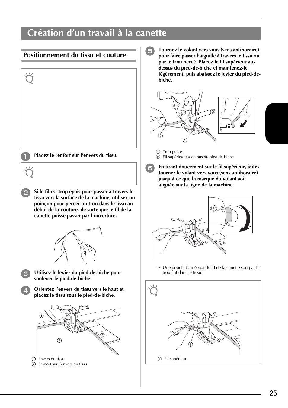 Création d’un travail à la canette, 25 fra nçais, Positionnement du tissu et couture | Baby Lock Ellegante 3 (BLG3) Instruction and Reference Guide Addendum User Manual | Page 65 / 120