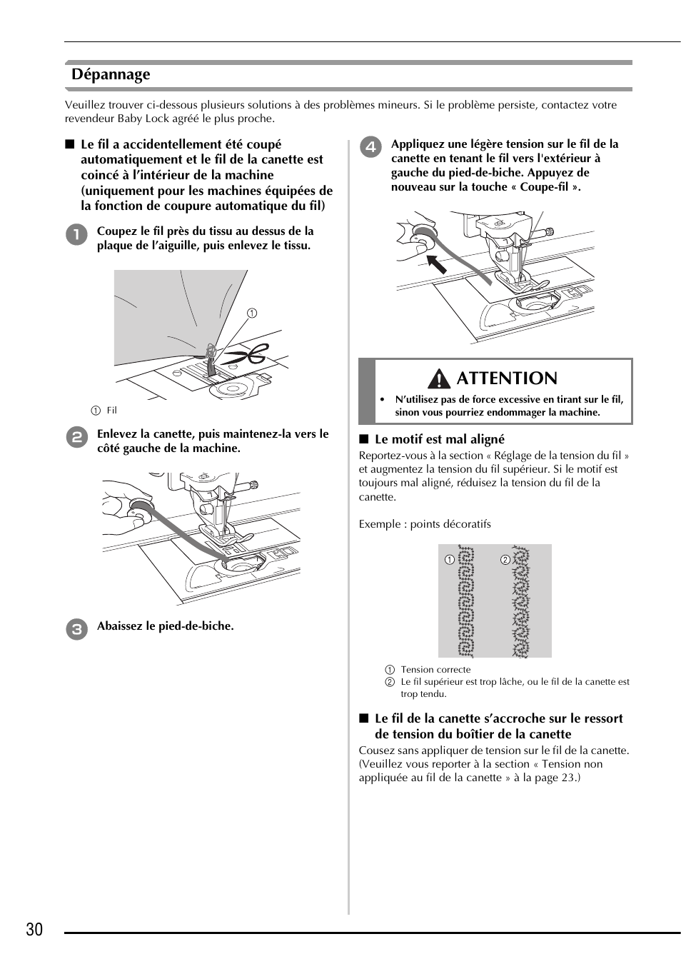 Attention, Dépannage | Baby Lock Ellegante 3 (BLG3) Instruction and Reference Guide Addendum User Manual | Page 70 / 120
