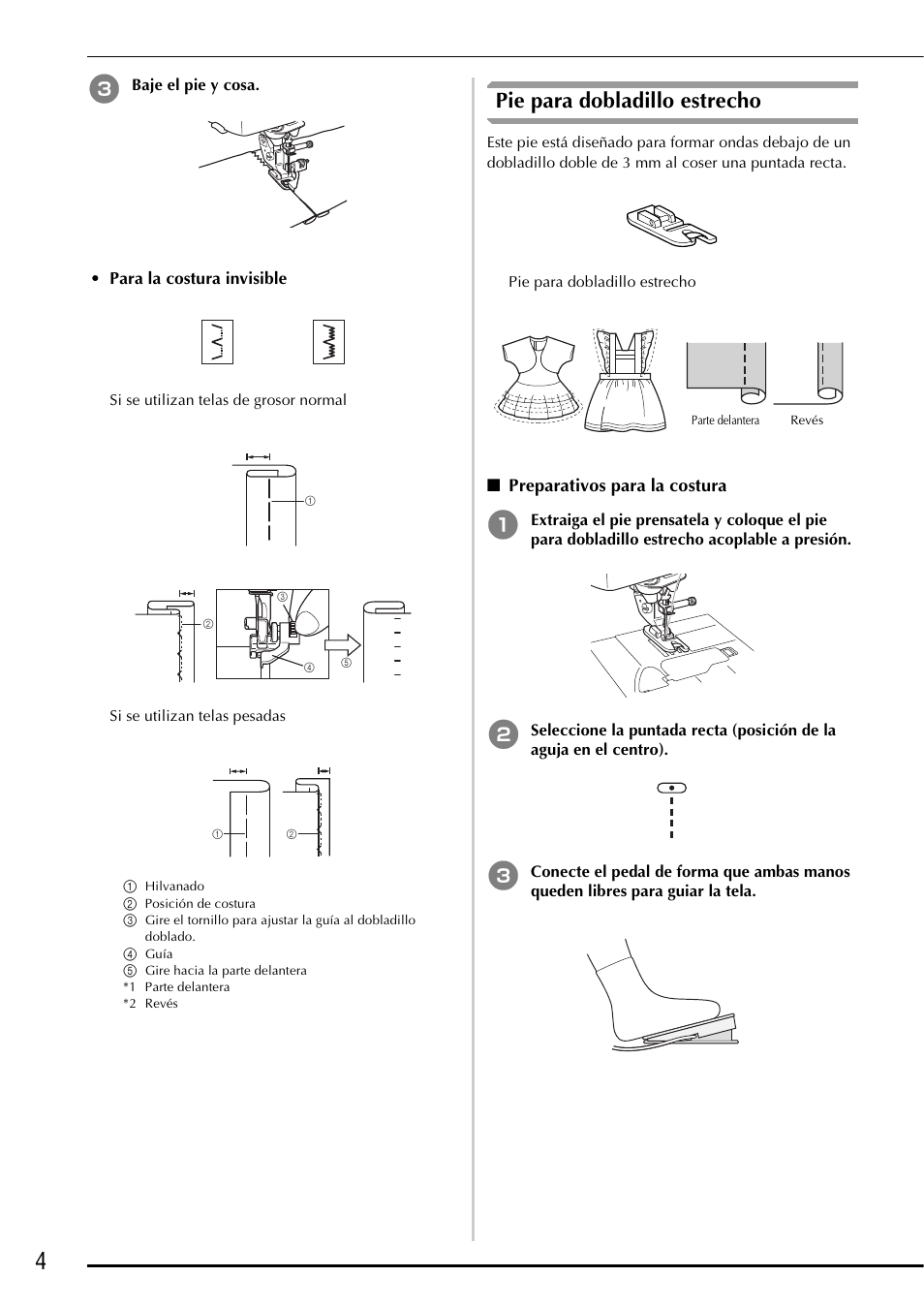 Pie para dobladillo estrecho, Preparativos para la costura, Para la costura invisible | Baje el pie y cosa | Baby Lock Ellegante 3 (BLG3) Instruction and Reference Guide Addendum User Manual | Page 82 / 120