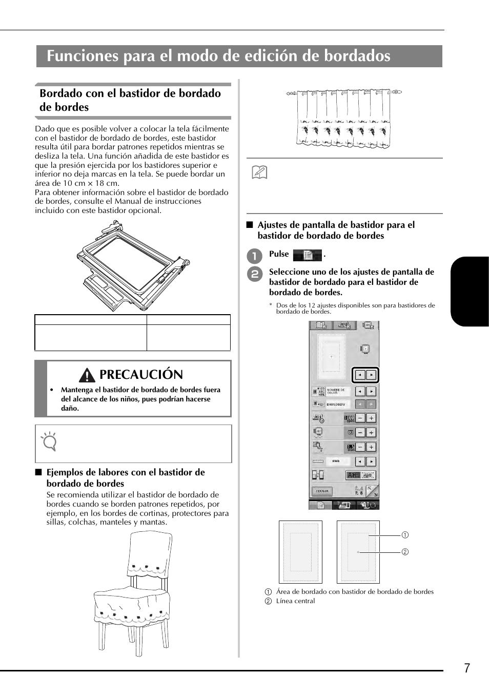 Funciones para el modo de edición de bordados, Precaución, 7e spa ñol | Bordado con el bastidor de bordado de bordes | Baby Lock Ellegante 3 (BLG3) Instruction and Reference Guide Addendum User Manual | Page 85 / 120