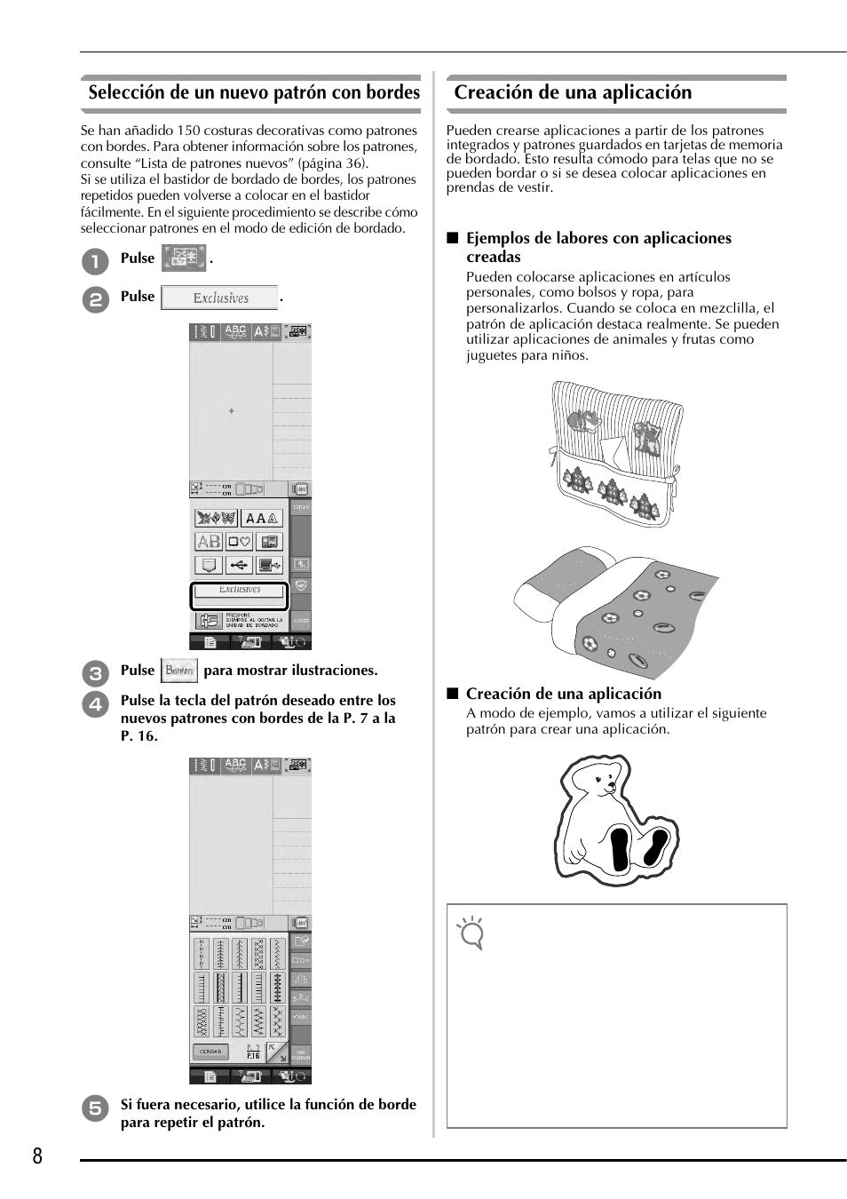 Selección de un nuevo patrón con bordes, Creación de una aplicación | Baby Lock Ellegante 3 (BLG3) Instruction and Reference Guide Addendum User Manual | Page 86 / 120