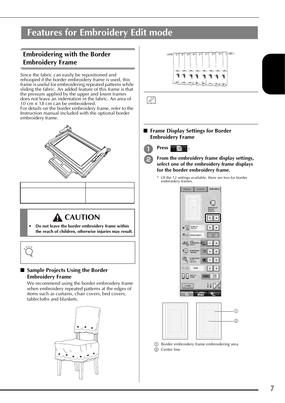 Features for embroidery edit mode, Caution, 7e nglis h | Embroidering with the border embroidery frame | Baby Lock Ellegante 3 (BLG3) Instruction and Reference Guide Addendum User Manual | Page 9 / 120