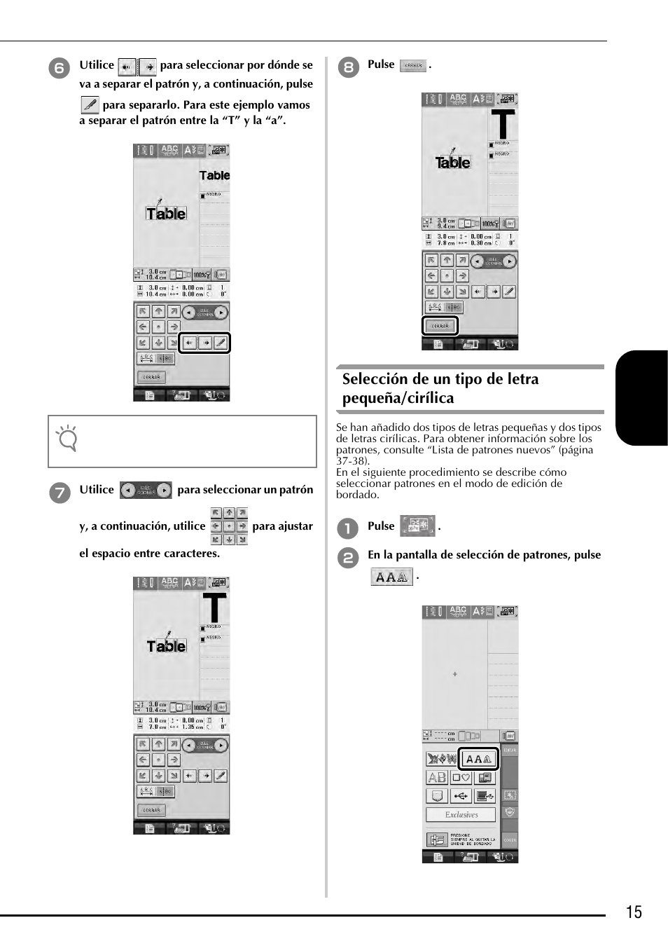 15 e spa ñol, Selección de un tipo de letra pequeña/cirílica | Baby Lock Ellegante 3 (BLG3) Instruction and Reference Guide Addendum User Manual | Page 93 / 120