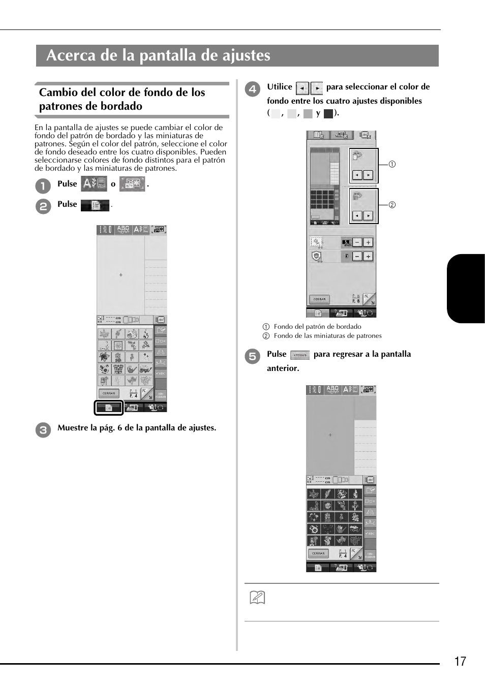 Acerca de la pantalla de ajustes, 17 e spa ñol | Baby Lock Ellegante 3 (BLG3) Instruction and Reference Guide Addendum User Manual | Page 95 / 120