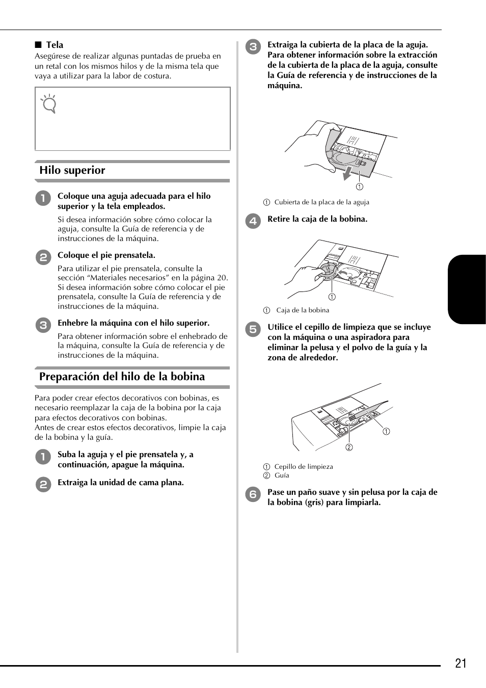 21 e spa ñol, Hilo superior, Preparación del hilo de la bobina | Baby Lock Ellegante 3 (BLG3) Instruction and Reference Guide Addendum User Manual | Page 99 / 120