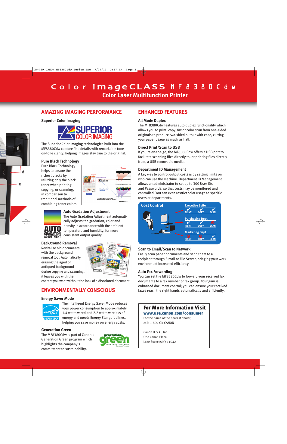 Color laser multifunction printer, Amazing imaging performance, Environmentally conscious | Enhanced features, For more information visit | Canon MF8380CDW User Manual | Page 4 / 4