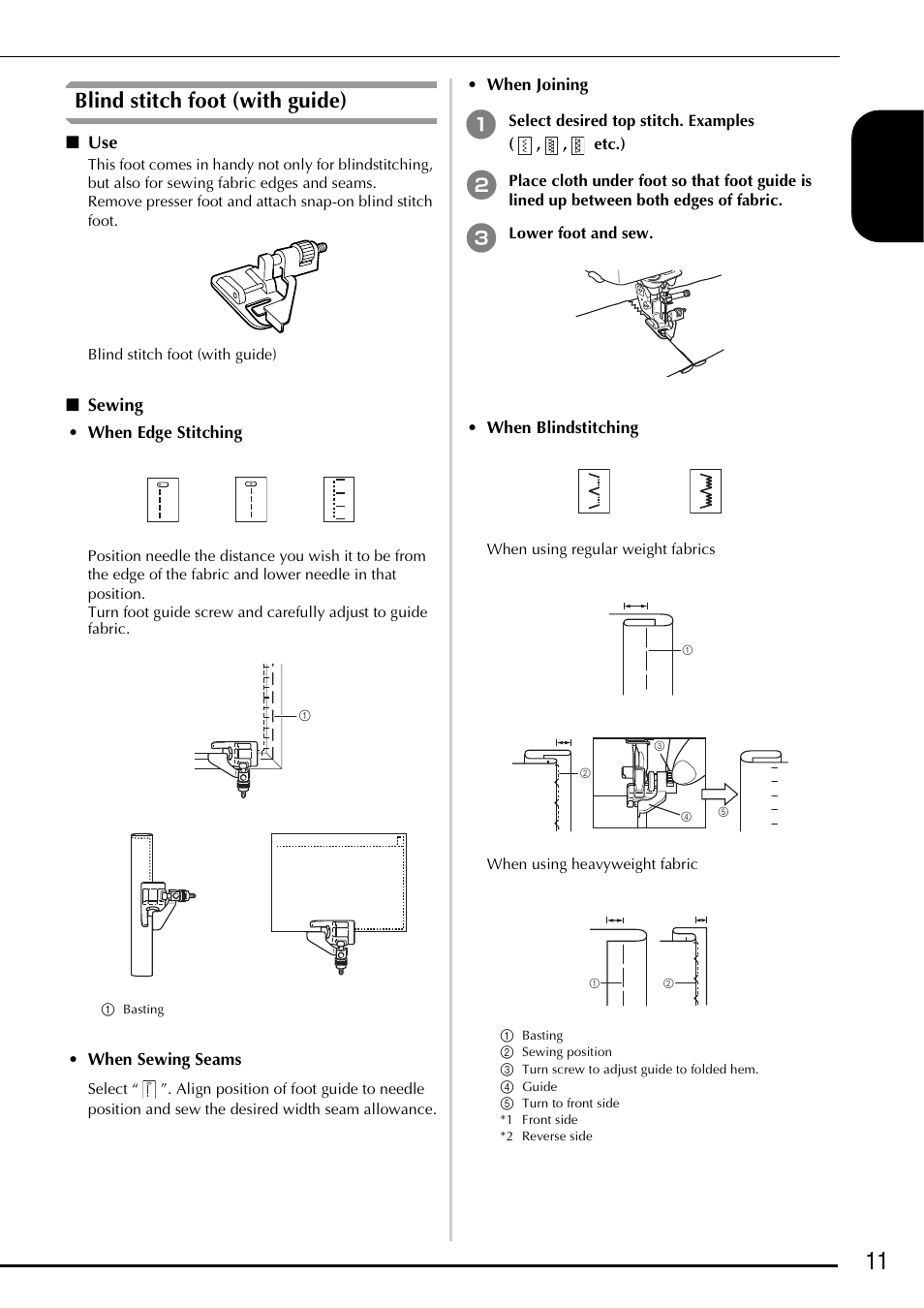 Blind stitch foot (with guide), Sewing, When edge stitching | When sewing seams, When joining, When blindstitching, Blind stitch foot, Use sewing, 11 engl ish | Baby Lock Ellageo Plus (BLL2) Instruction and Reference Guide Addendum User Manual | Page 13 / 48