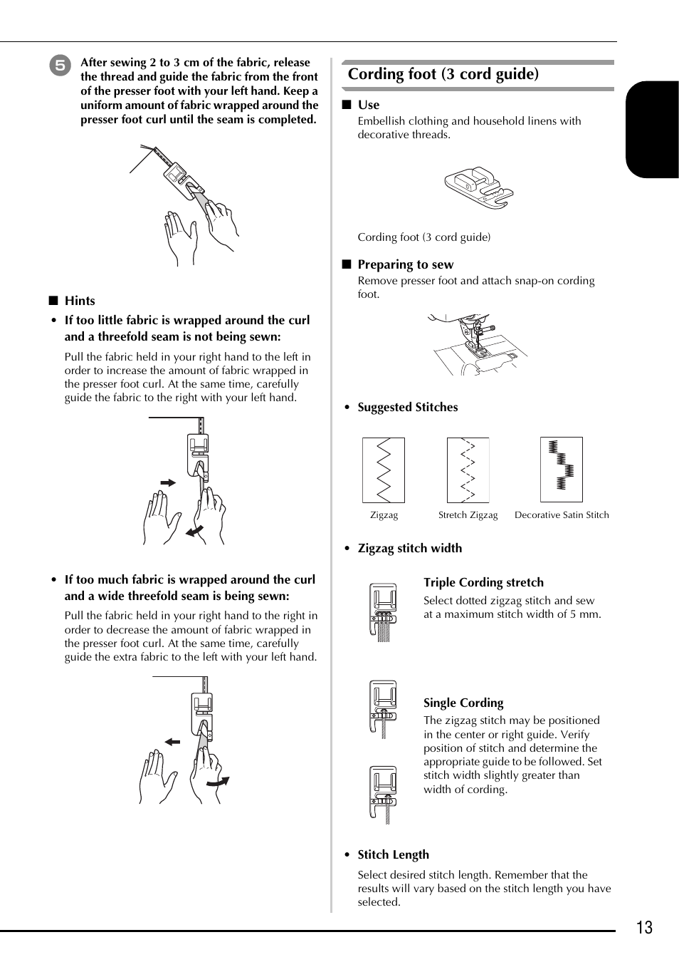 Hints, Cording foot (3 cord guide), Preparing to sew | Suggested stitches, Zigzag stitch width, Stitch length, 13 engl ish | Baby Lock Ellageo Plus (BLL2) Instruction and Reference Guide Addendum User Manual | Page 15 / 48