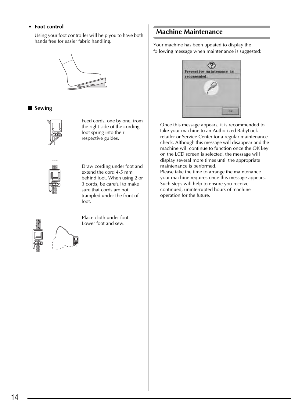 Foot control, Sewing, Machine maintenance | Baby Lock Ellageo Plus (BLL2) Instruction and Reference Guide Addendum User Manual | Page 16 / 48