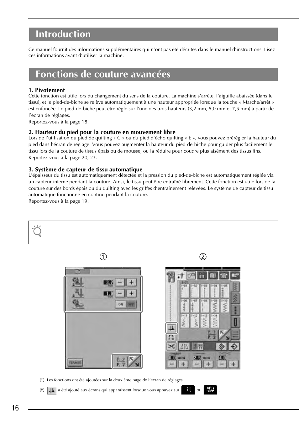 Introduction, Fonctions de couture avancées | Baby Lock Ellageo Plus (BLL2) Instruction and Reference Guide Addendum User Manual | Page 18 / 48