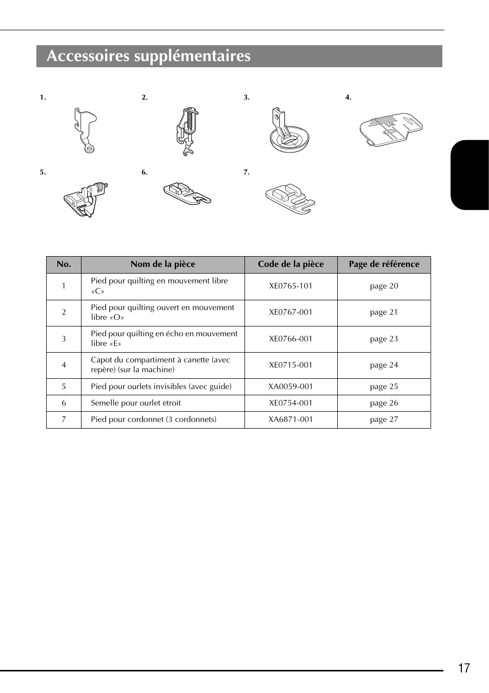 Accessoires supplémentaires, 17 f ranç ais | Baby Lock Ellageo Plus (BLL2) Instruction and Reference Guide Addendum User Manual | Page 19 / 48