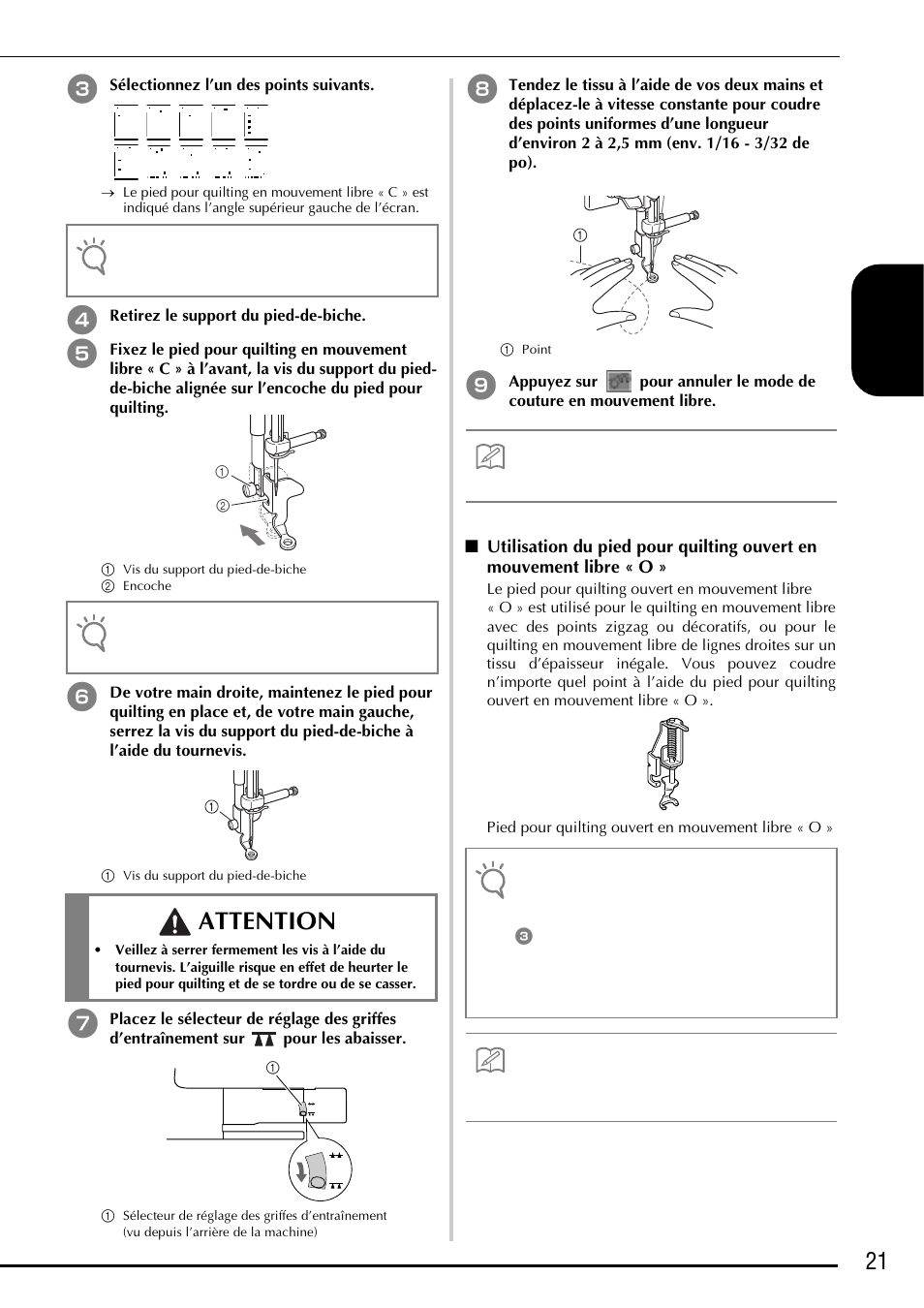 Attention, 21 f ranç ais | Baby Lock Ellageo Plus (BLL2) Instruction and Reference Guide Addendum User Manual | Page 23 / 48