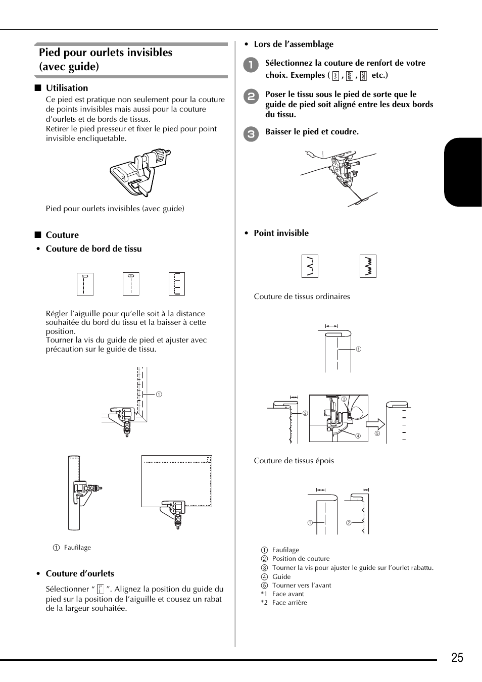 Pied pour ourlets invisibles (avec guide), Utilisation, Couture | Couture de bord de tissu, Couture d’ourlets, Lors de l’assemblage, Point invisible, 25 f ranç ais | Baby Lock Ellageo Plus (BLL2) Instruction and Reference Guide Addendum User Manual | Page 27 / 48