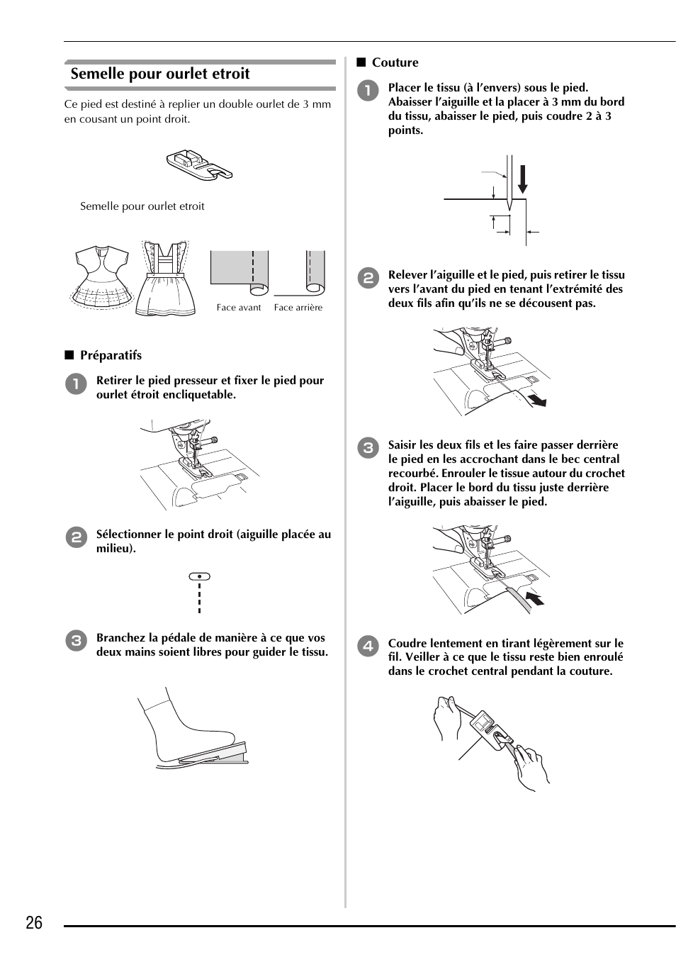 Semelle pour ourlet etroit, Préparatifs, Couture | Baby Lock Ellageo Plus (BLL2) Instruction and Reference Guide Addendum User Manual | Page 28 / 48