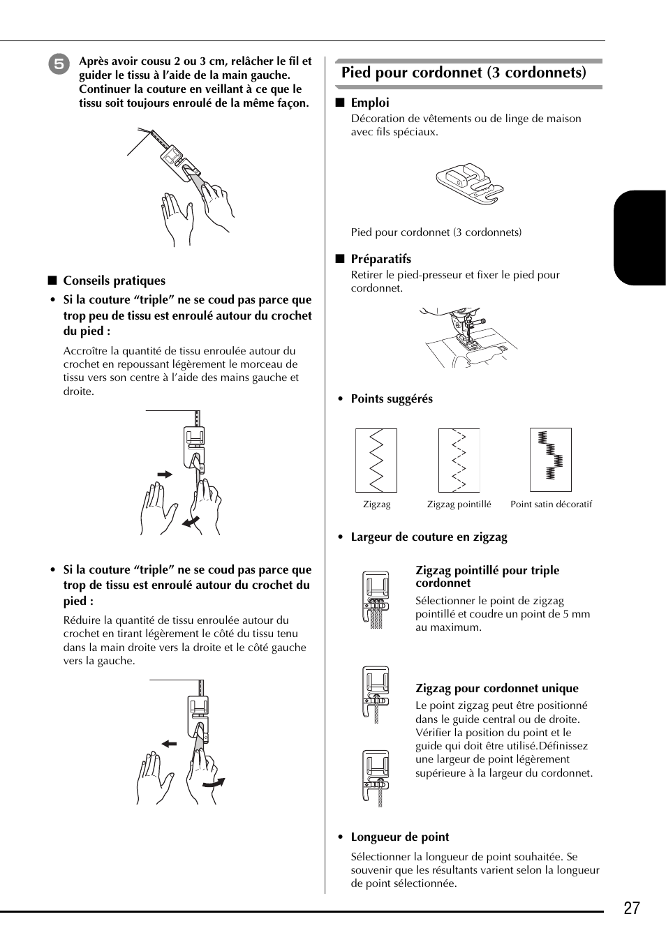 Conseils pratiques, Pied pour cordonnet (3 cordonnets), Emploi | Préparatifs, Points suggérés, Largeur de couture en zigzag, Longueur de point, 27 f ranç ais | Baby Lock Ellageo Plus (BLL2) Instruction and Reference Guide Addendum User Manual | Page 29 / 48