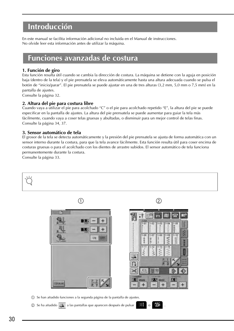 Introducción funciones avanzadas de costura, Introducción, Funciones avanzadas de costura | Baby Lock Ellageo Plus (BLL2) Instruction and Reference Guide Addendum User Manual | Page 32 / 48