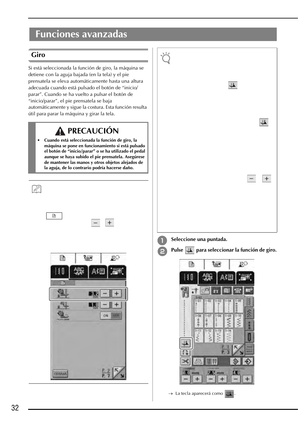 Giro, Funciones avanzadas giro, Funciones avanzadas | Precaución | Baby Lock Ellageo Plus (BLL2) Instruction and Reference Guide Addendum User Manual | Page 34 / 48