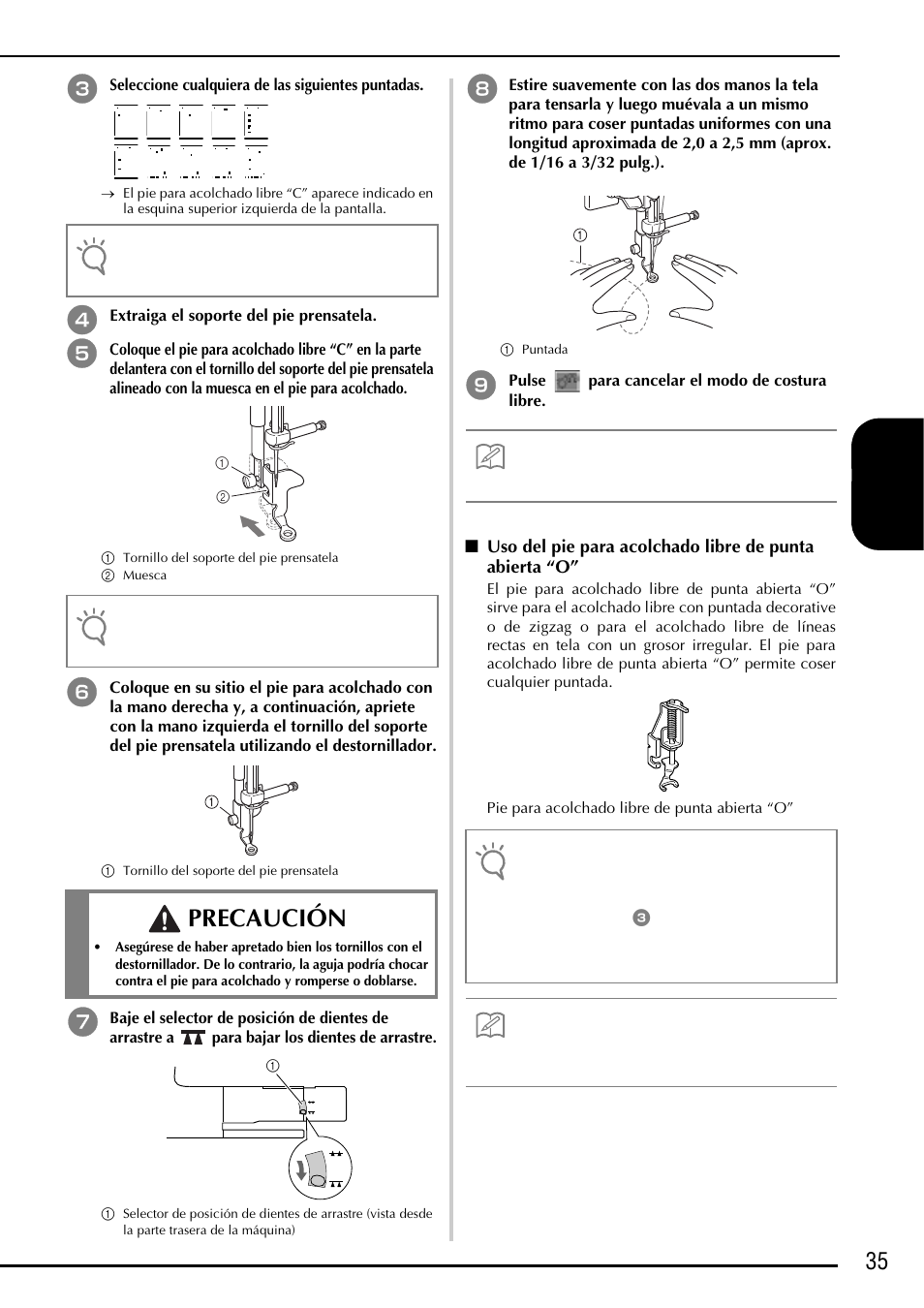 Precaución, 35 español | Baby Lock Ellageo Plus (BLL2) Instruction and Reference Guide Addendum User Manual | Page 37 / 48