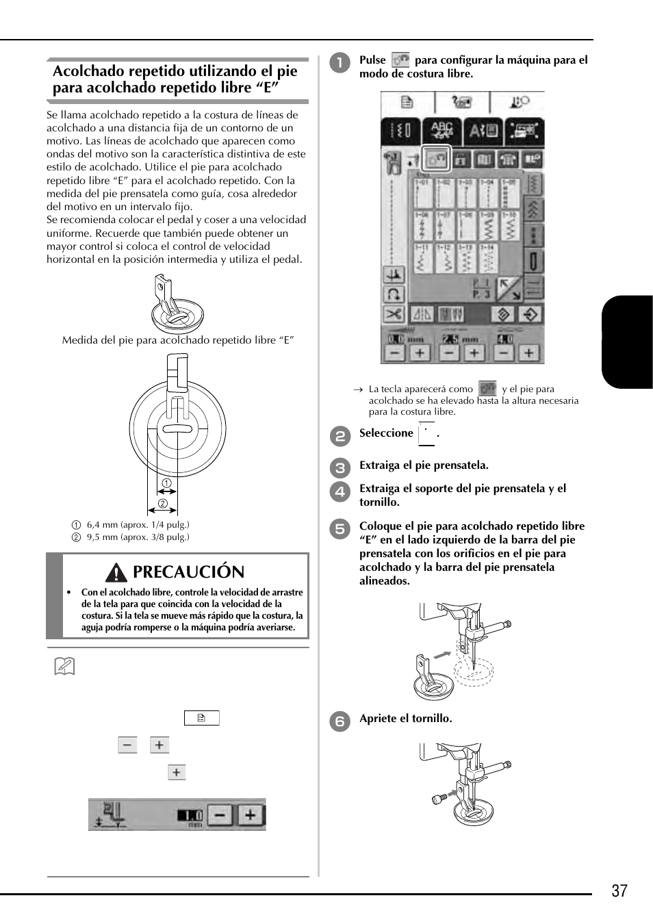 Precaución, 37 español | Baby Lock Ellageo Plus (BLL2) Instruction and Reference Guide Addendum User Manual | Page 39 / 48