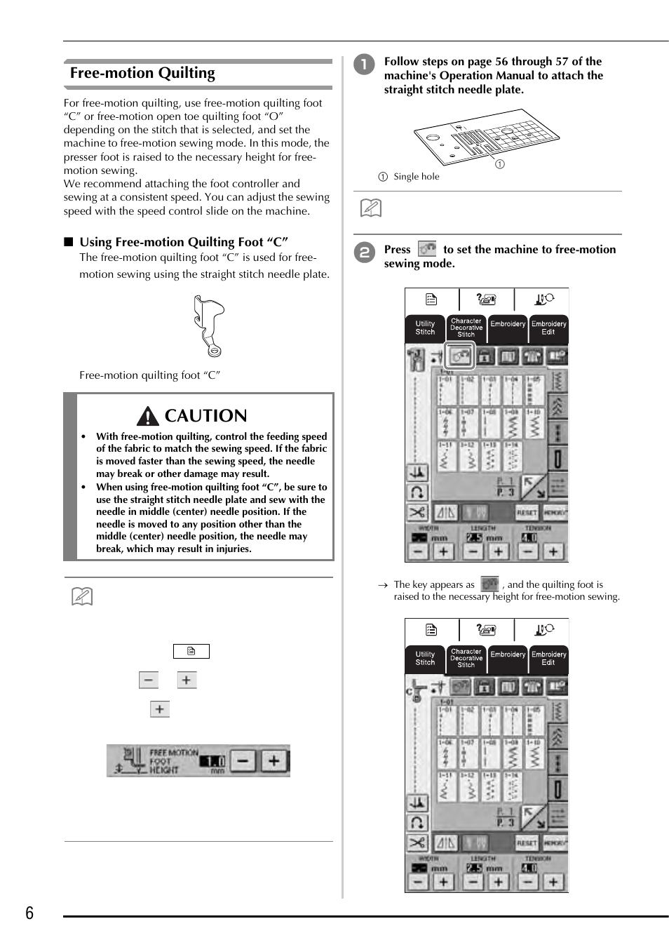 Free-motion quilting, Using free-motion quilting foot “c, Caution | Baby Lock Ellageo Plus (BLL2) Instruction and Reference Guide Addendum User Manual | Page 8 / 48