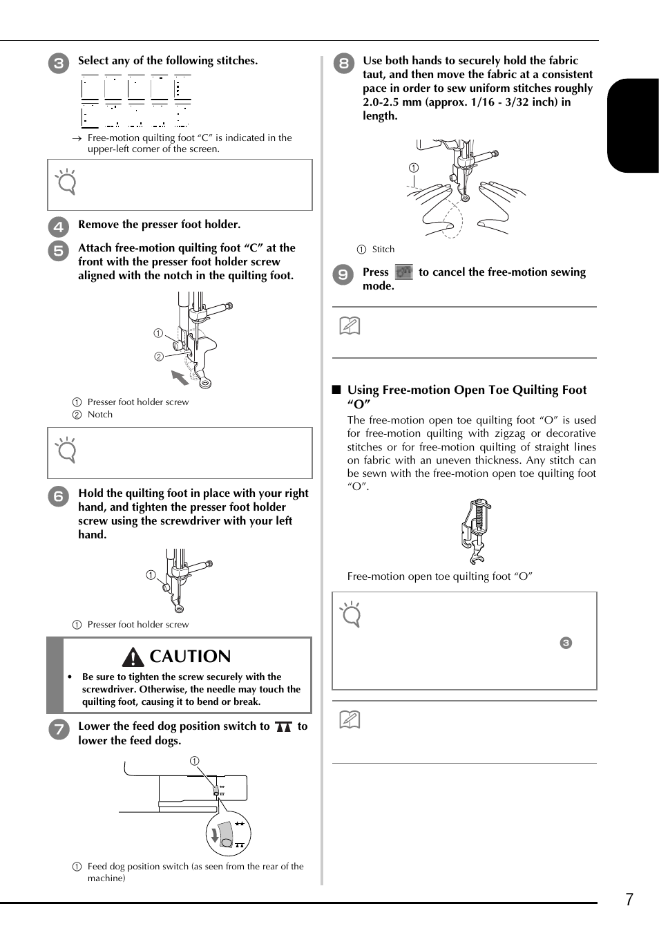 Using free-motion open toe quilting foot “o, Caution, 7engl ish | Baby Lock Ellageo Plus (BLL2) Instruction and Reference Guide Addendum User Manual | Page 9 / 48