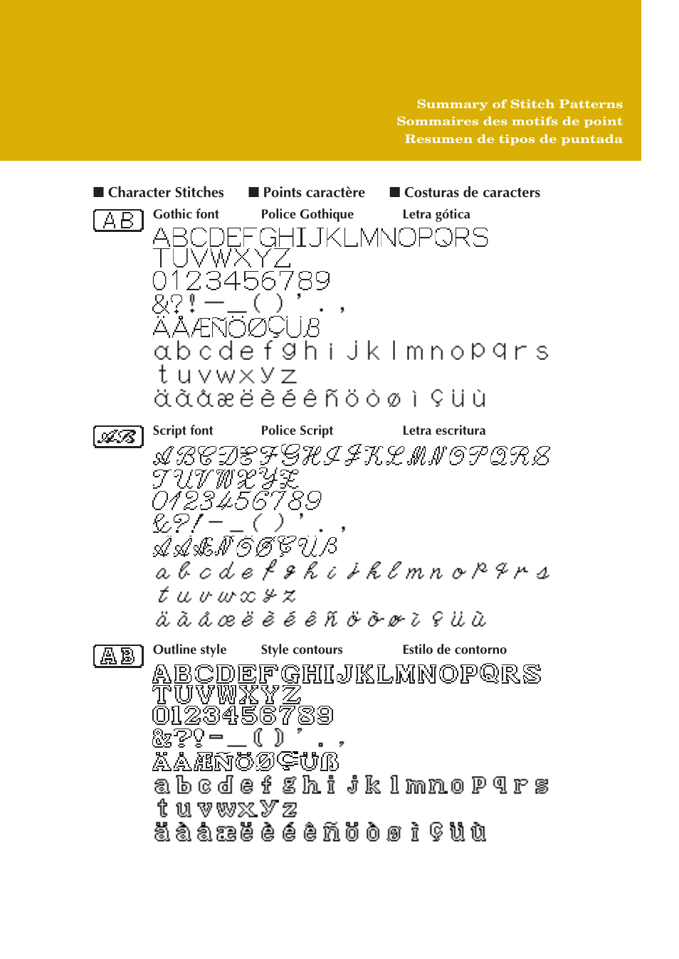 Gothic font police gothique letra gótica, Script font police script letra escritura, Outline style style contours estilo de contorno | Baby Lock Ellure Plus (BLR3) Quick Reference Guide User Manual | Page 11 / 32