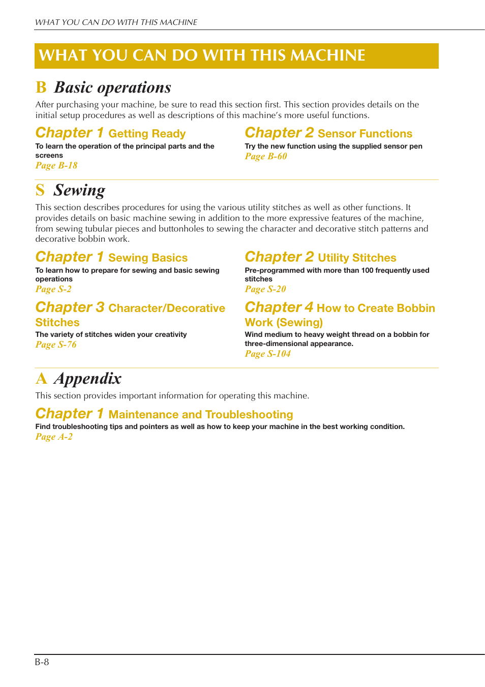 Bbasic operations, Ssewing, Aappendix | What you can do with this machine, Chapter 1, Chapter 2, Chapter 3, Chapter 4 | Baby Lock Crescendo (BLCR) Instruction and Reference Guide User Manual | Page 10 / 216