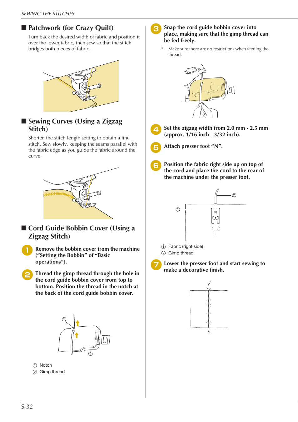 Patchwork (for crazy quilt), Sewing curves (using a zigzag stitch), Cord guide bobbin cover (using a zigzag stitch) | Baby Lock Crescendo (BLCR) Instruction and Reference Guide User Manual | Page 106 / 216