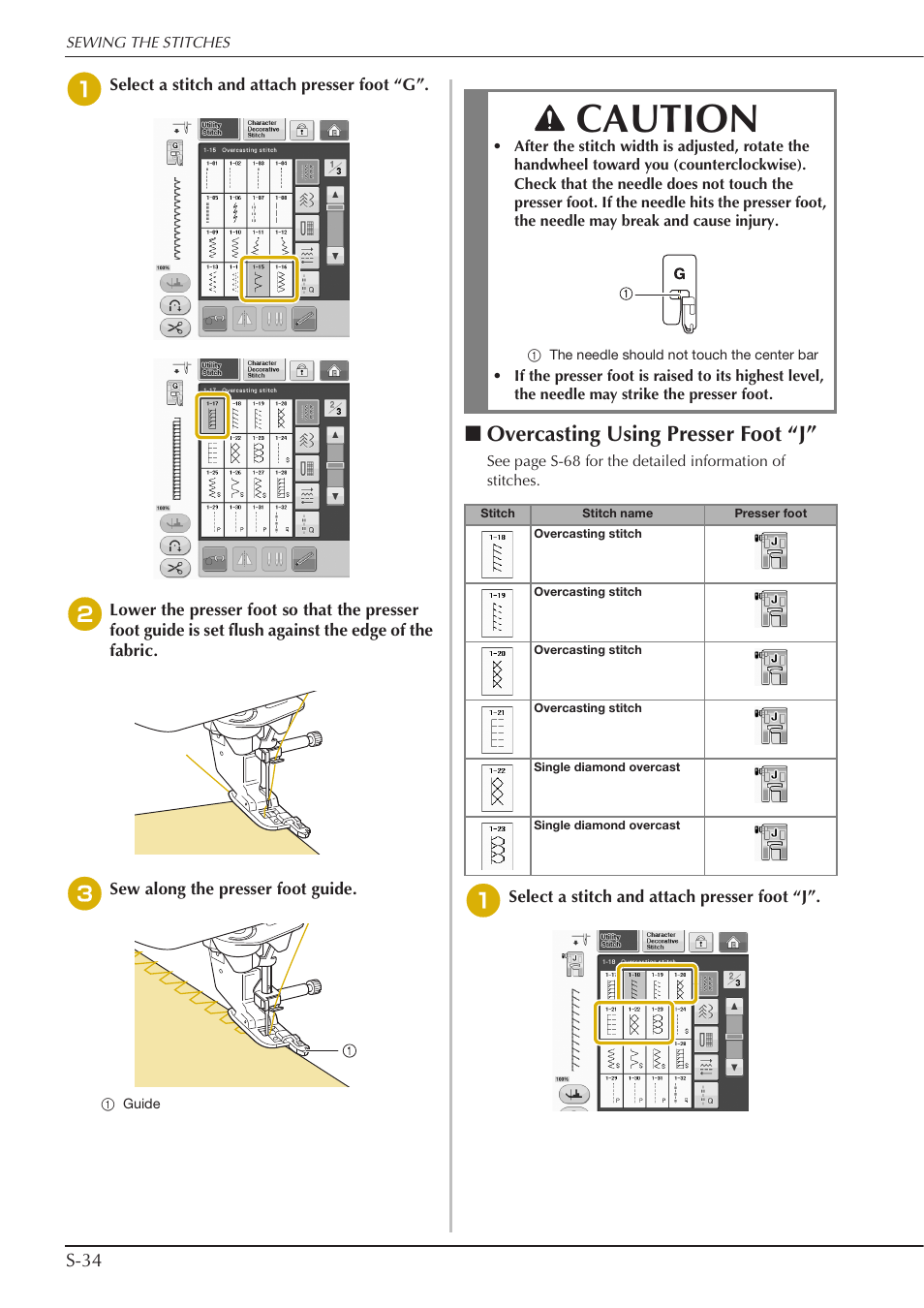 Caution, Overcasting using presser foot “j, S-34 | Baby Lock Crescendo (BLCR) Instruction and Reference Guide User Manual | Page 108 / 216
