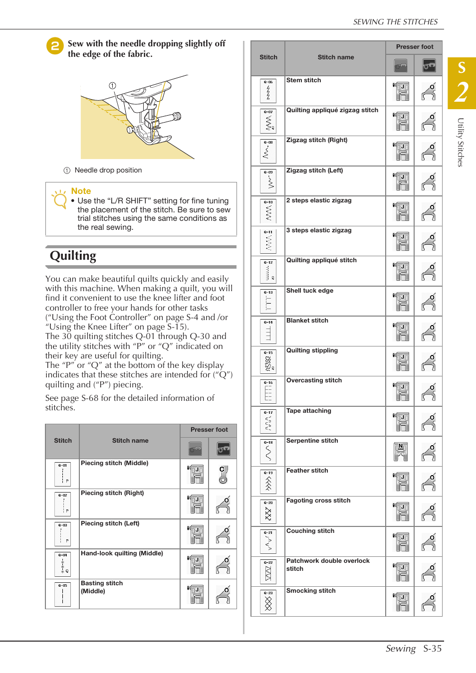 Quilting, Sewing s-35 | Baby Lock Crescendo (BLCR) Instruction and Reference Guide User Manual | Page 109 / 216