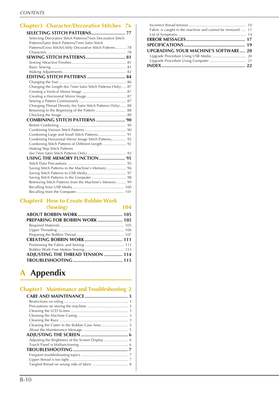 Aappendix, Chapter4 how to create bobbin work (sewing) 104, Chapter1 maintenance and troubleshooting 2 | Baby Lock Crescendo (BLCR) Instruction and Reference Guide User Manual | Page 12 / 216