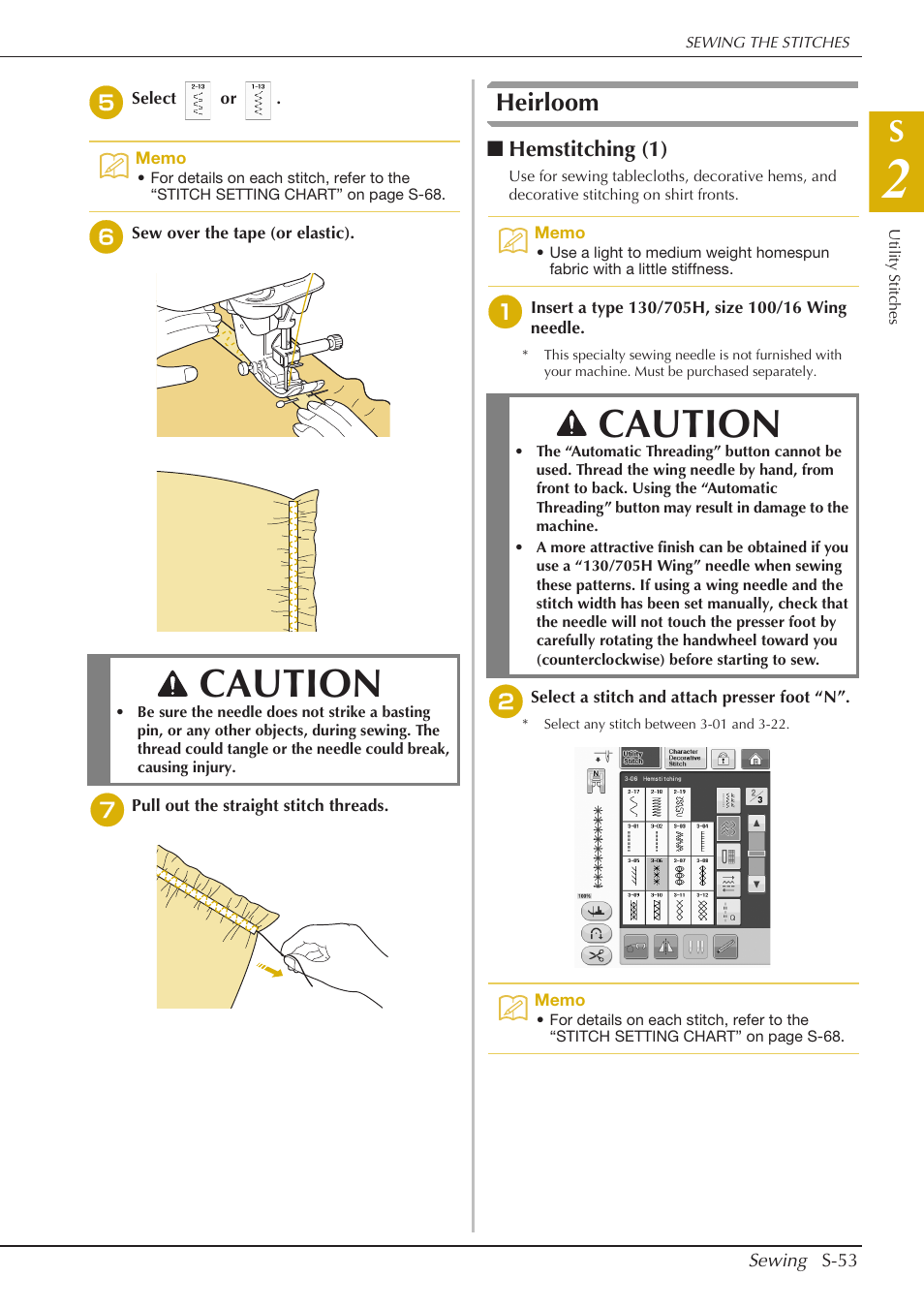 Caution, Heirloom, Hemstitching (1) | Baby Lock Crescendo (BLCR) Instruction and Reference Guide User Manual | Page 127 / 216